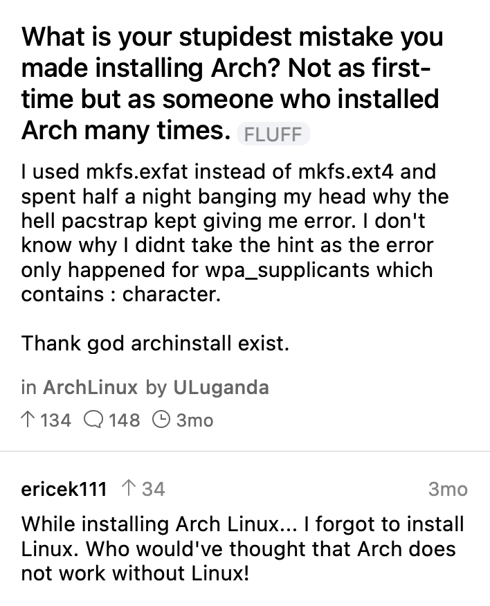 A Reddit user forgot to install Linux when installing Arch Linux